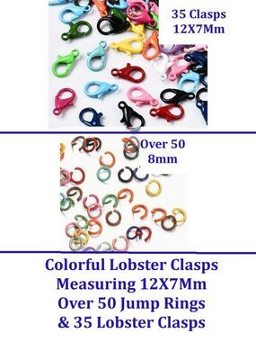 35 Colorful Lobster Clasps, Measuring 12X7Mm & 50  8mm Jump Rings